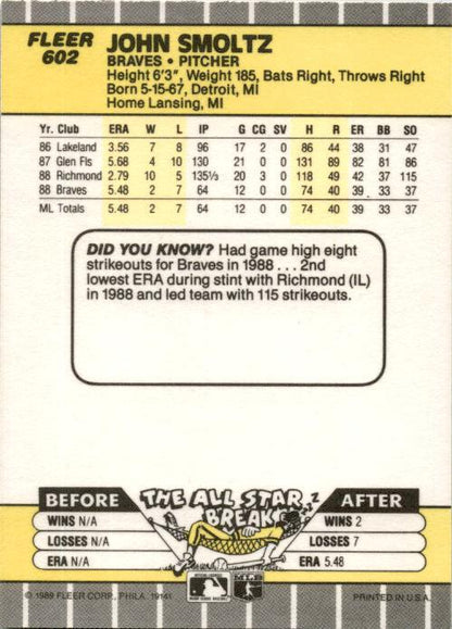 1989 Fleer #602 John Smoltz Rookie Atlanta Braves
