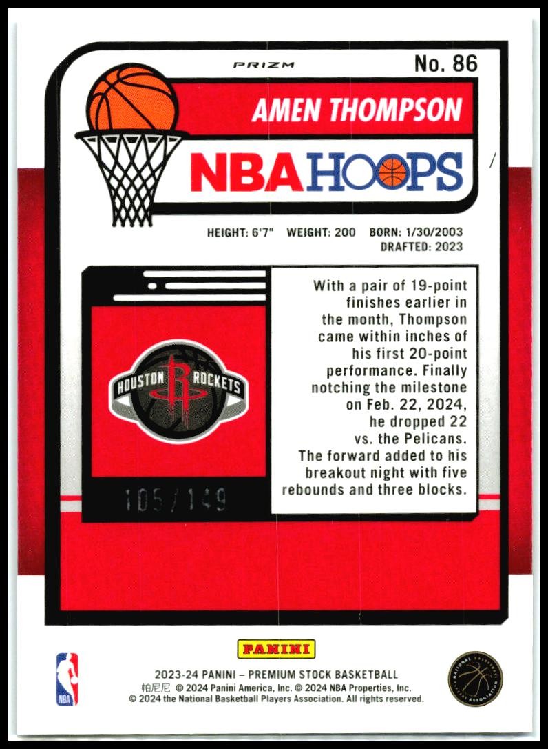 2023-24 Hoops Premium Stock Purple Ice Prizm #86 Amen Thompson Rockets