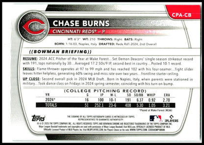 2025 Bowman Chrome Auto Green Grass #CPA-CB Chase Burns Auto /99 Cincinnati Reds