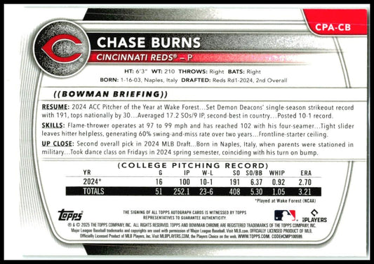 2025 Bowman Chrome Auto Green Grass #CPA-CB Chase Burns Auto /99 Cincinnati Reds