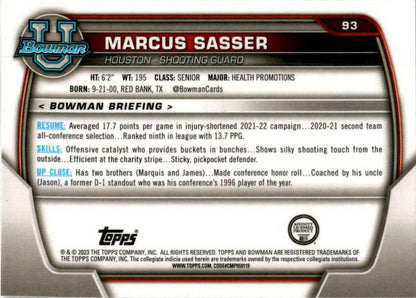 2022-23 Bowman University Chrome #93 Marcus Sasser Detroit Pistons / Cougars