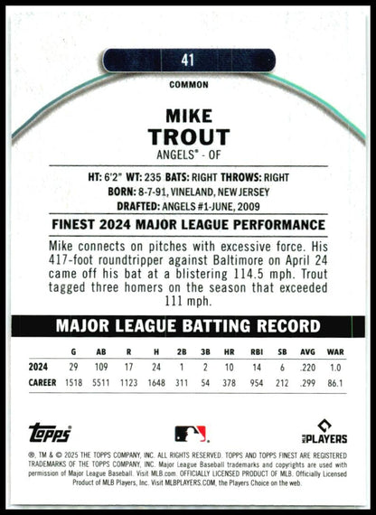 2025 Finest Checkerboard #41 Mike Trout Los Angeles Angels