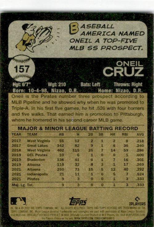 2022 Topps Heritage #157 Oneil Cruz Pittsburgh Pirates