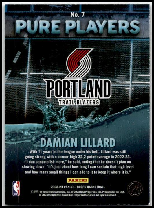 2023-24 Hoops Pure Players #7 Damian Lillard Portland Trail Blazers