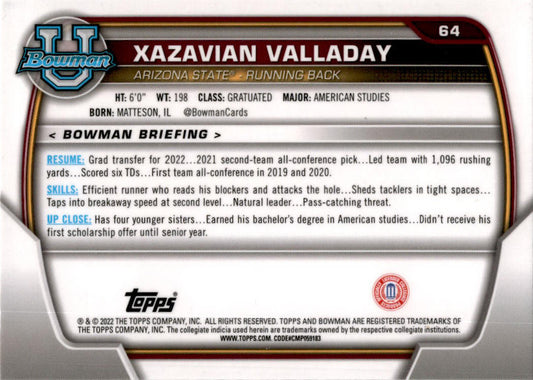 2022 Bowman Chrome University #64 Xazavian Valladay Arizona State Sun Devils/Hou