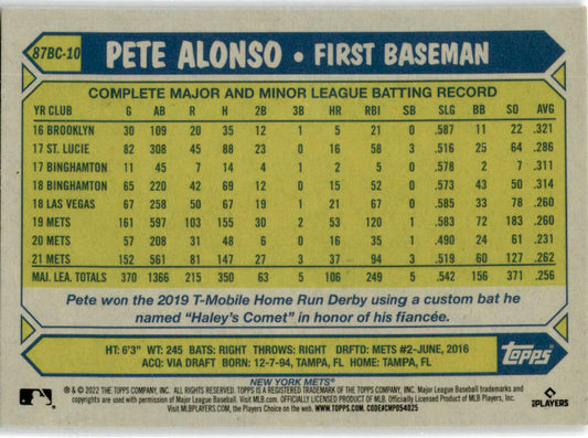 2022 Topps Chrome #87BC-10 Pete Alonso 1987 Topps Baseball New York Mets