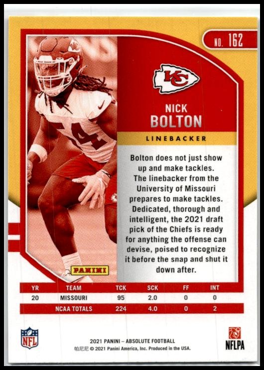 2021 Panini Absolute Green #162 Nick Bolton Kansas City Chiefs