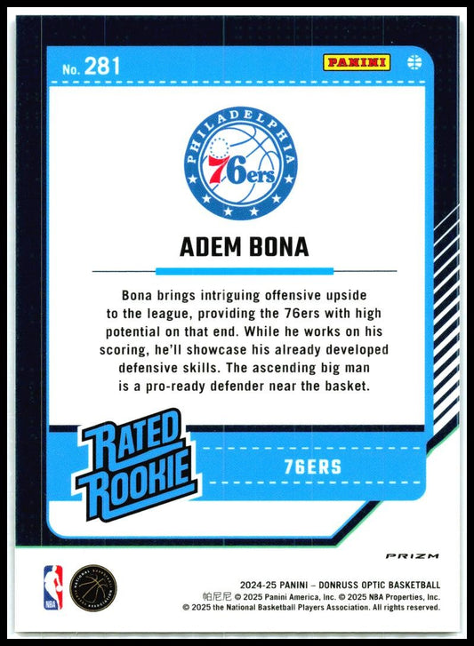 2024-25 Donruss Optic Purple #281 Adem Bona Rookie Philadelphia 76ers