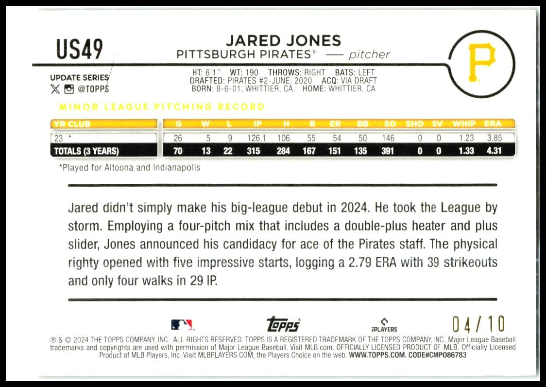 2024 Topps Update Holiday Black Cats #US49 Jared Jones Rookie Pirates