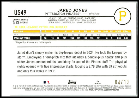 2024 Topps Update Holiday Black Cats #US49 Jared Jones Rookie Pirates
