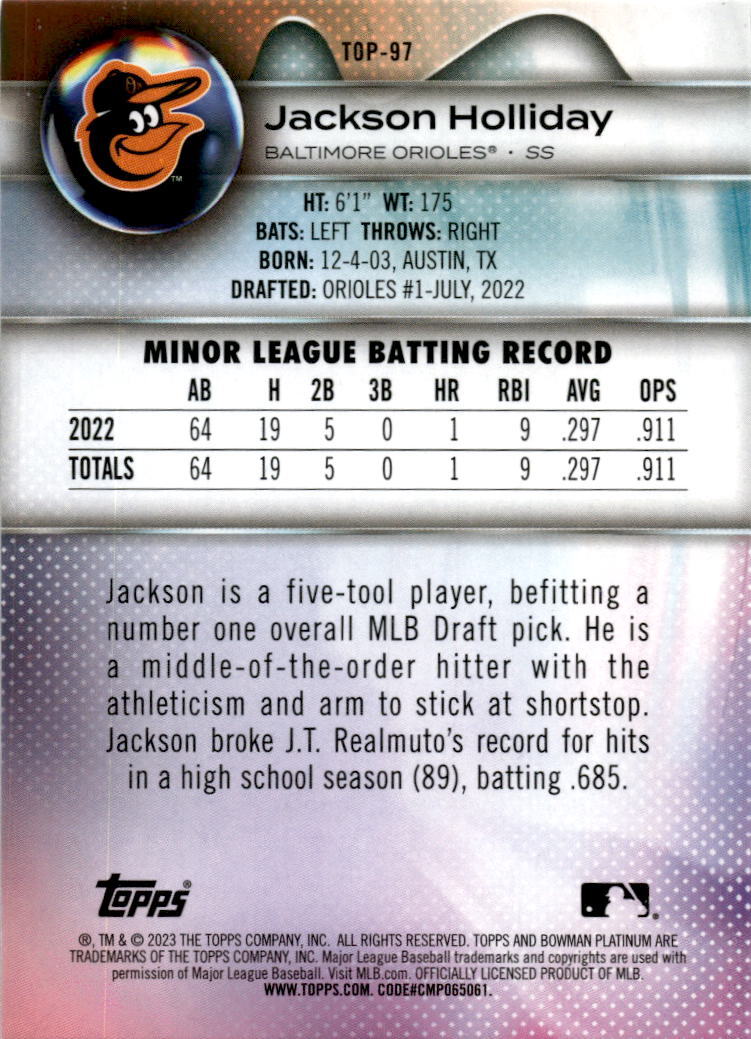 2023 Bowman Platinum Top Prospects #TOP-97 Jackson Holliday Baltimore Orioles