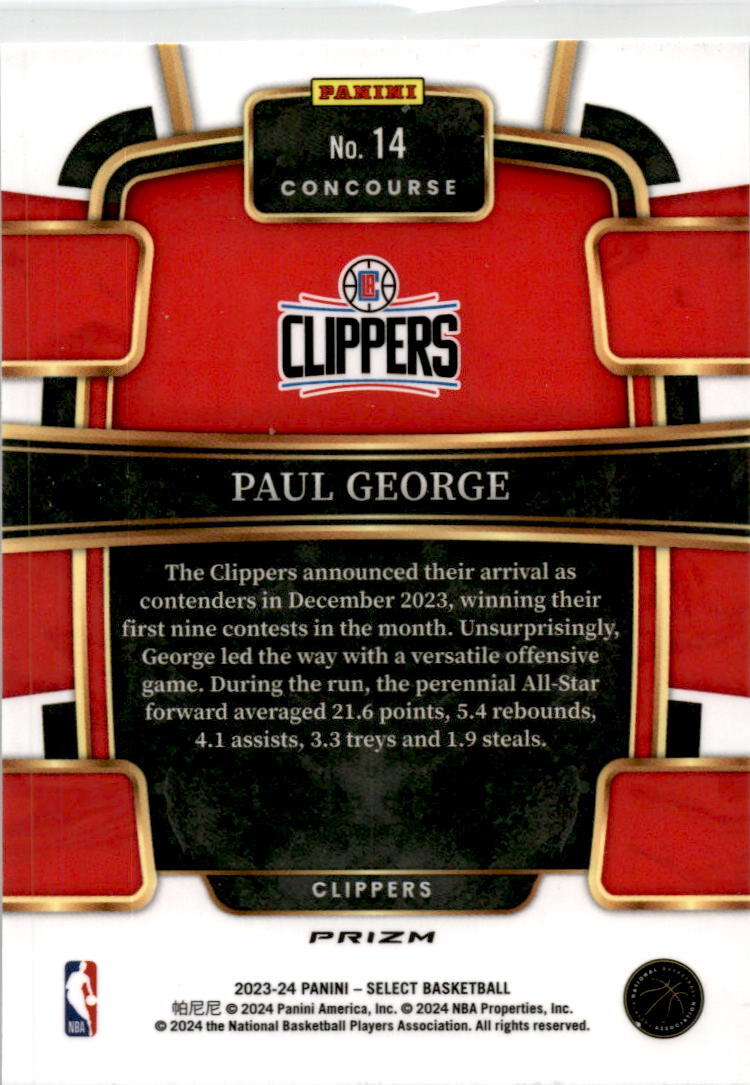 2023-24 Panini Select Silver Prizms #14 Paul George Los Angeles Clippers
