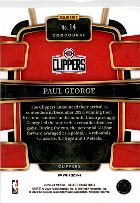 2023-24 Panini Select Silver Prizms #14 Paul George Los Angeles Clippers