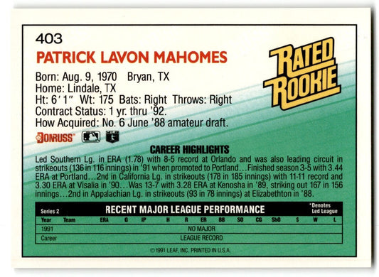 1992 Donruss Pat Mahomes Rookie Minnesota Twins #403