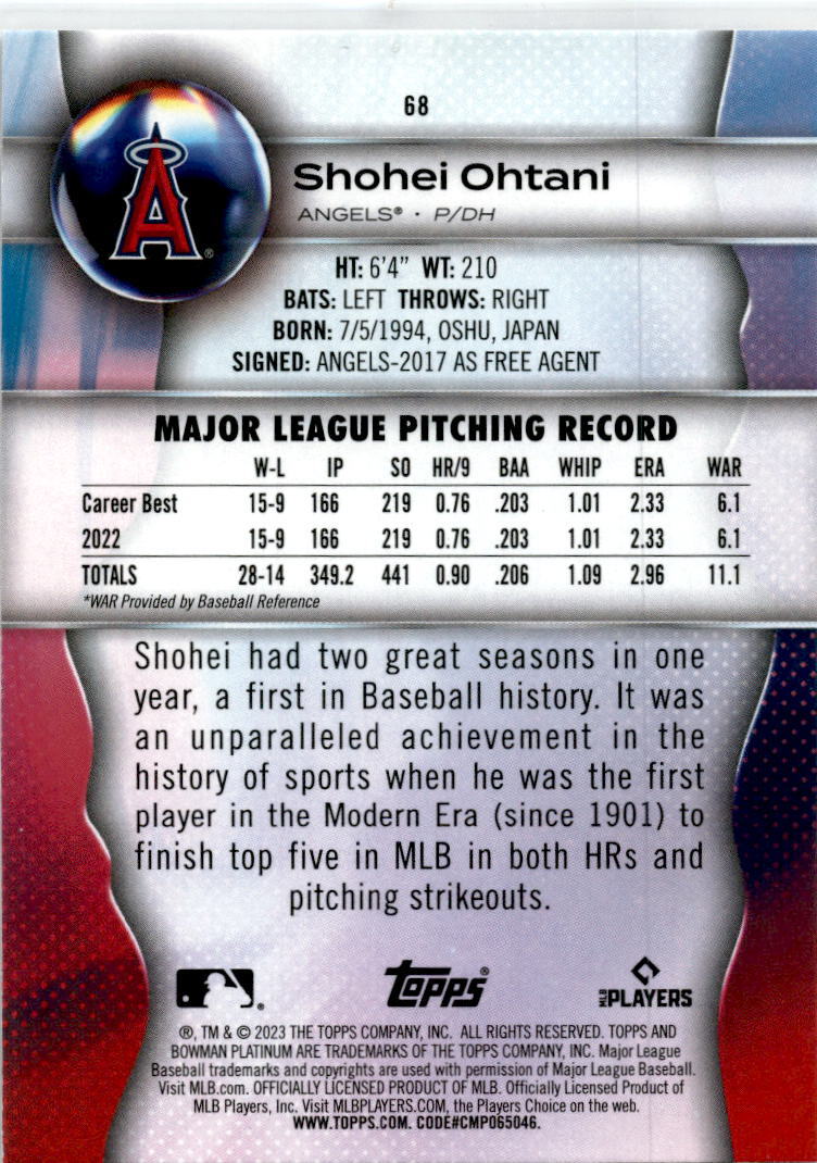 2023 Bowman Platinum #68 Shohei Ohtani Los Angeles Angels