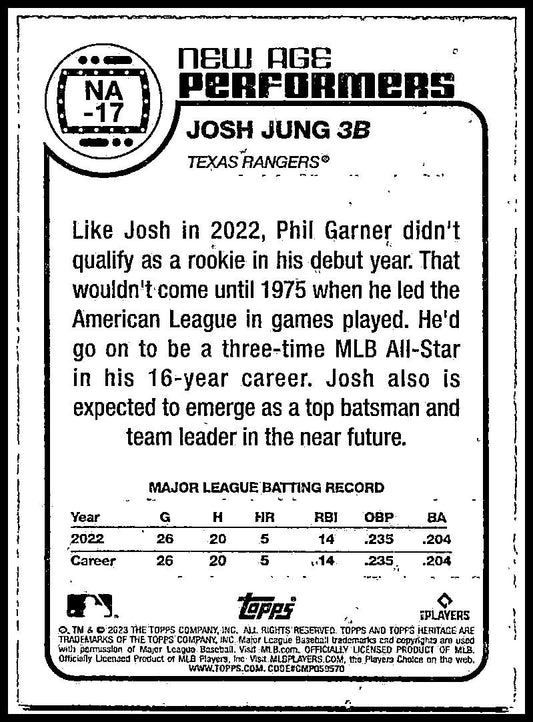 2023 Topps Heritage New Age Performers #NA-17 Josh Jung Texas Rangers