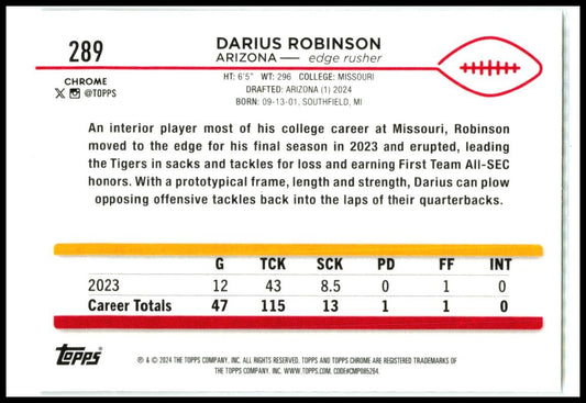 2024 Topps Chrome X-Fractor #289 Darius Robinson Rookie Arizona Cardinals