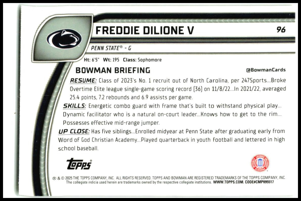 2024-25 Bowman University Chrome Yellow Sapphire /75 #96 Freddie Dilione