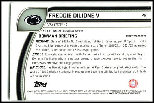 2024-25 Bowman University Chrome Yellow Sapphire /75 #96 Freddie Dilione