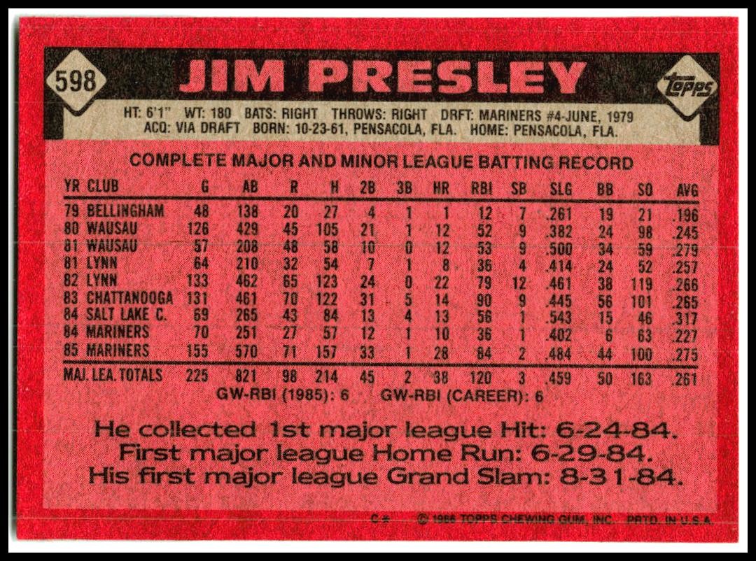 1986 Topps #598 Jim Presley Seattle Mariners