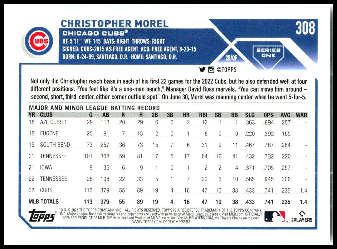2023 Topps #308 Christopher Morel Rookie Chicago Cubs