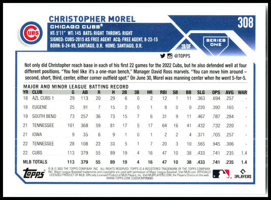 2023 Topps #308 Christopher Morel Rookie Chicago Cubs