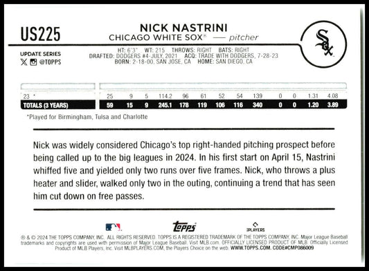 2024 Topps Update #US225 Nick Nastrini Rookie Chicago White Sox