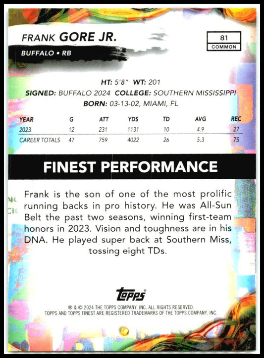 2024 Finest #81 Frank Gore Jr. Rookie Buffalo Bills