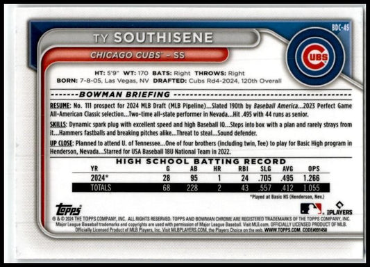 2024 Bowman Draft Chrome #BDC-45 Ty Southisene Chicago Cubs