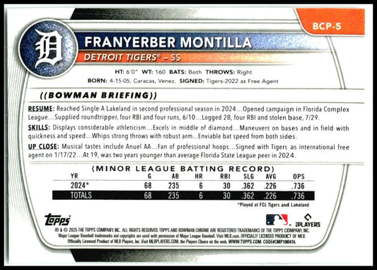 2025 Bowman Chrome Prospects #BCP-5 Franyerber Montilla Detroit Tigers