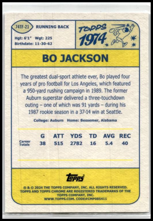 2024 Topps Chrome 1974 Topps Football #74TF-21 Bo Jackson Los Angeles Raiders