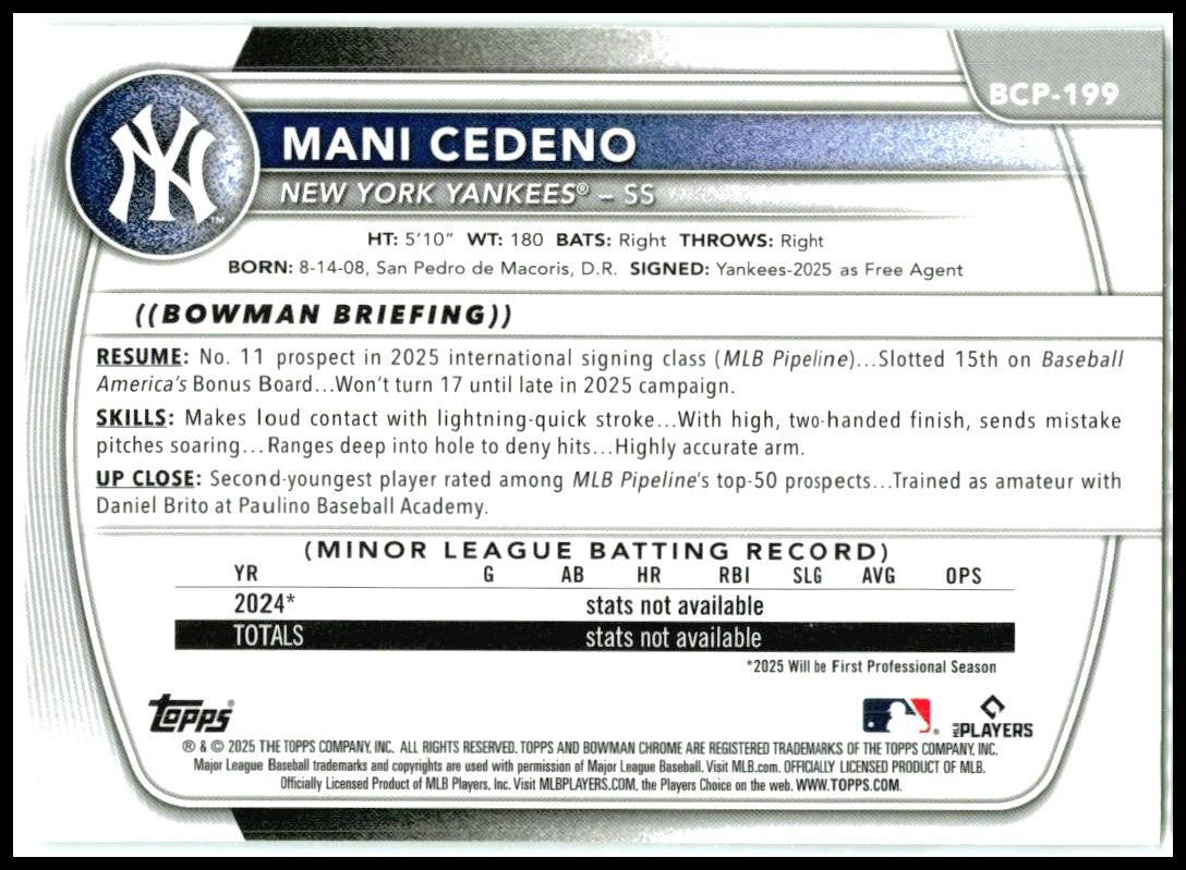2025 Bowman Chrome Mojo Refractor #BCP-199 Mani Cedeno New York Yankees