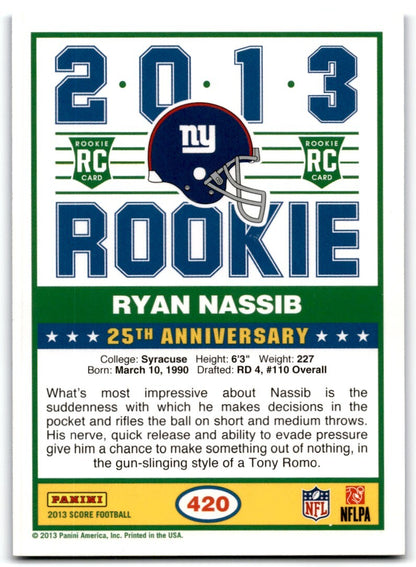 2013 Score Blue Rookie Ryan Nassib New York Giants #420