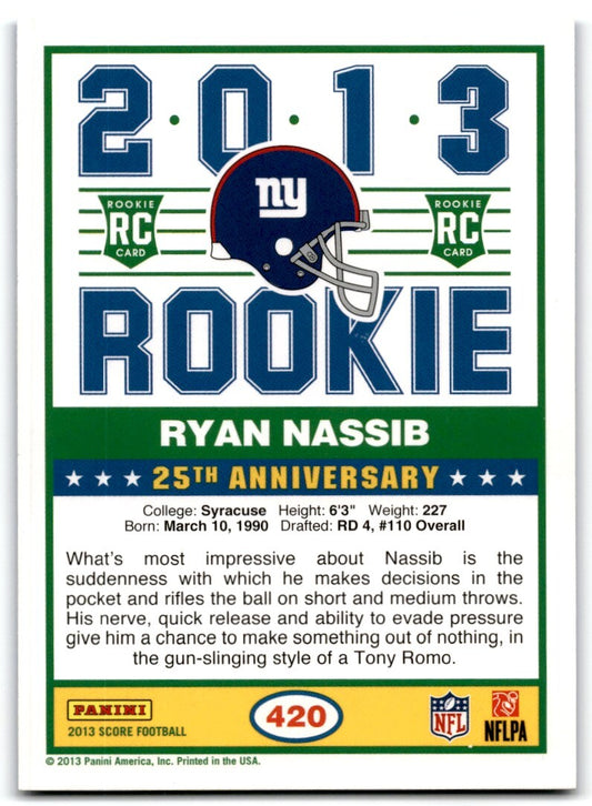 2013 Score Blue Rookie Ryan Nassib New York Giants #420