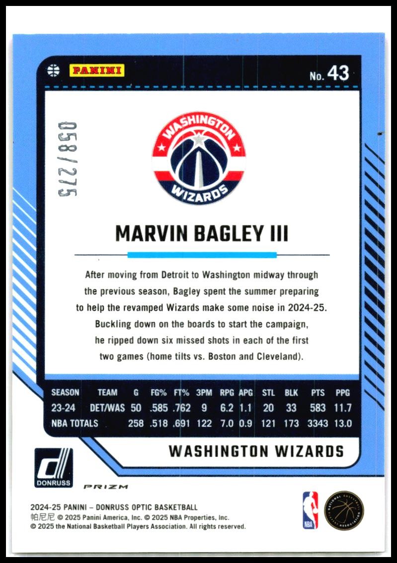 2024-25 Donruss Optic Pink Glitter #43 Marvin Bagley III Wizards