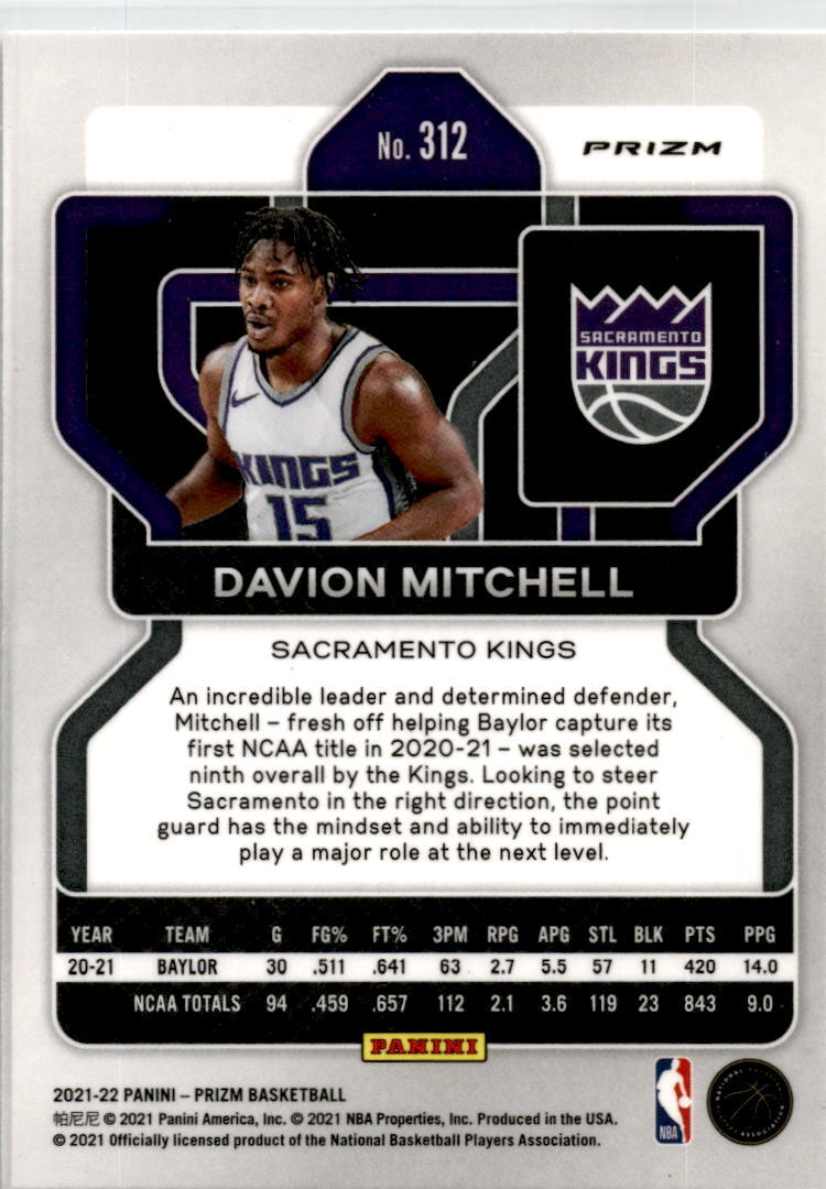2021-22 Panini Prizm Silver #312 Davion Mitchell Sacramento Kings