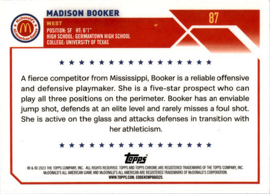 2023 Topps Chrome McDonald's All American #87 Madison Booker Texas Longhorns
