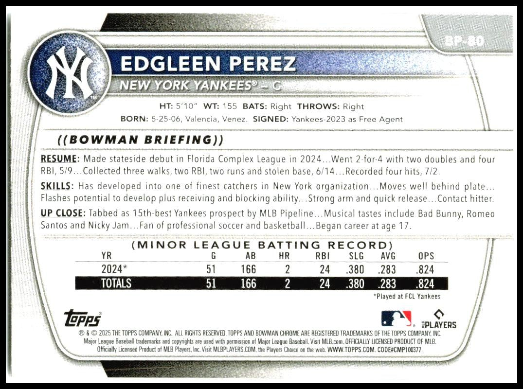 2025 Bowman Prospects #BP-80 Edgleen Perez New York Yankees