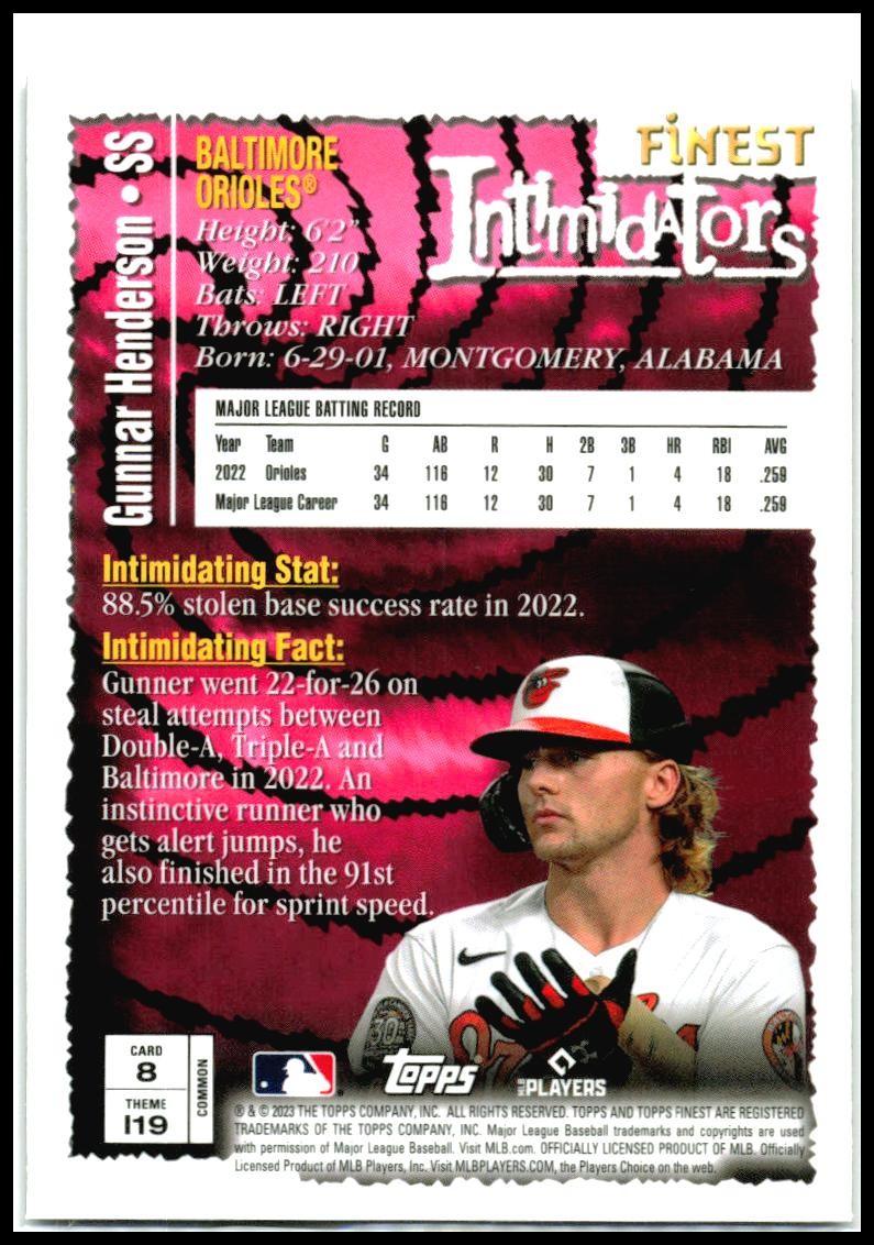 2023 Finest Flashbacks #8 Gunnar Henderson Rookie Baltimore Orioles