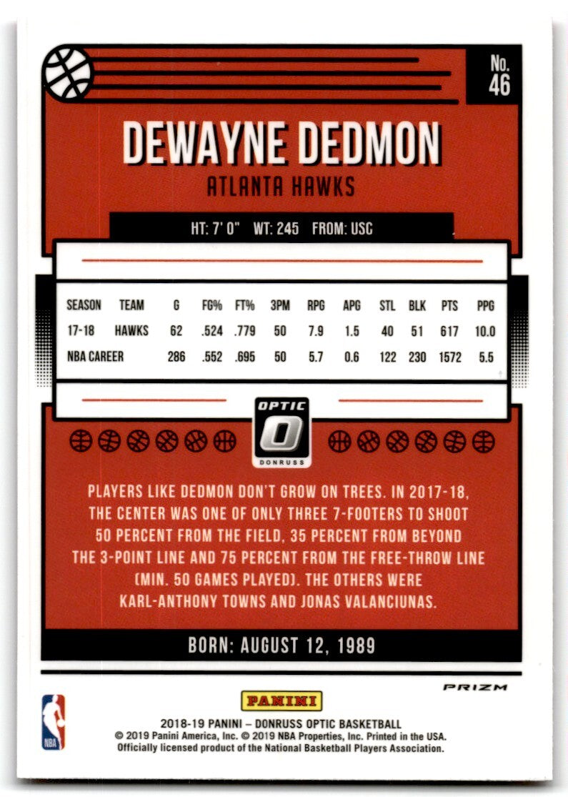 2018-19 Donruss  Hyper Pink Dewayne Dedmon Atlanta Hawks #46