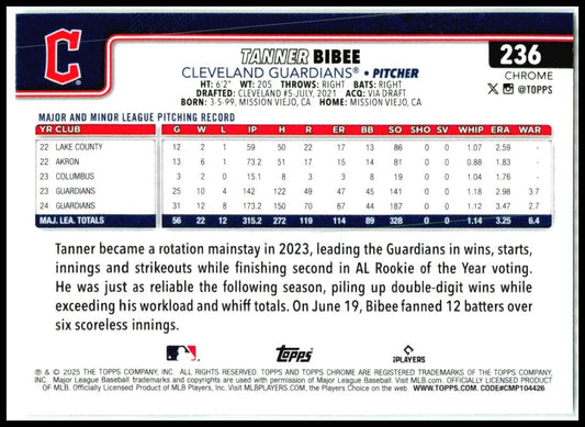 2025 Topps Chrome #236 Tanner Bibee Cleveland Guardians