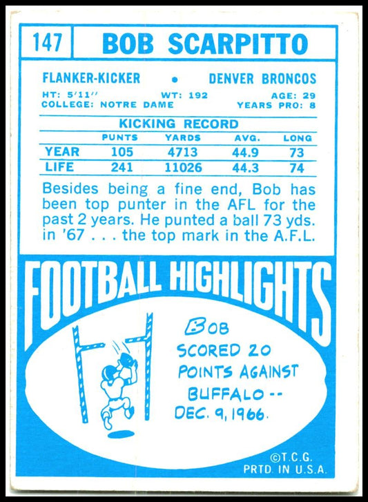 1968 Topps #147 Bob Scarpitto Denver Broncos