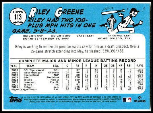 2023 Topps Archives #113 Riley Greene Rookie Detroit Tigers