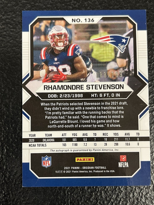 2021 Obsidian 136 Rhamondre Stevenson RC Auto /199 New England Patriots