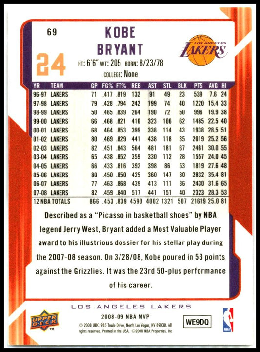 2008-09 Upper Deck MVP #69 Kobe Bryant Los Angeles Lakers