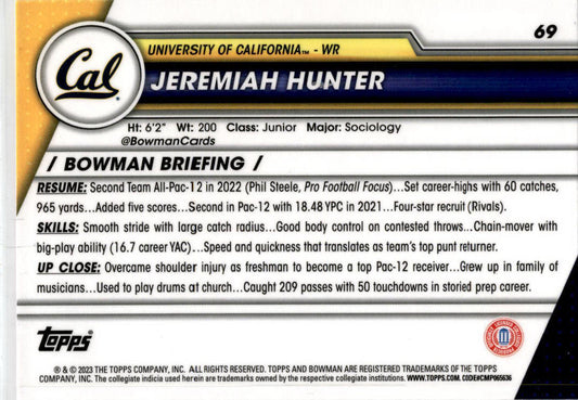 2023 Bowman University Chrome Pink #69 Jeremiah Hunter California Golden Bears