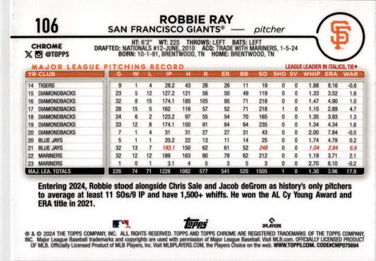 2024 Topps Chrome Pink Refractor #106 Robbie Ray San Francisco Giants