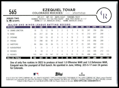 2024 Topps #565 Ezequiel Tovar Colorado Rockies