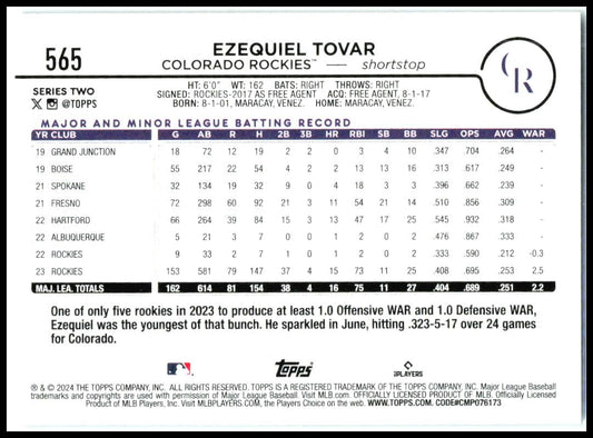 2024 Topps #565 Ezequiel Tovar Colorado Rockies
