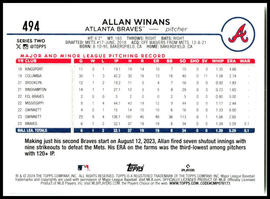2024 Topps #494 Allan Winans Rookie Atlanta Braves